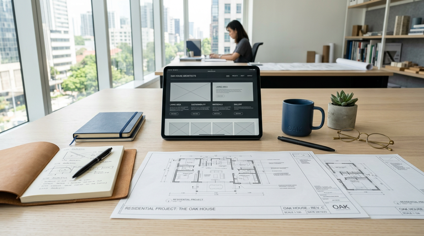A clean, structured desk layout with project plans and tablet wireframe